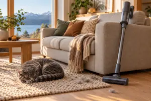 Grå katt som sover på et ullteppe, med dyrehår på teppet og en skaftstøvsuger lent mot sofaen.