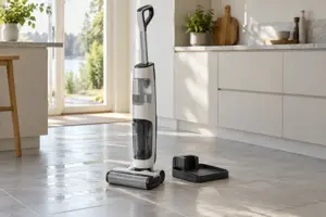 Umerket trådløs gulvvasker med vanntank på et lyst flislagt kjøkkengulv ved siden av en dokkingskål.
