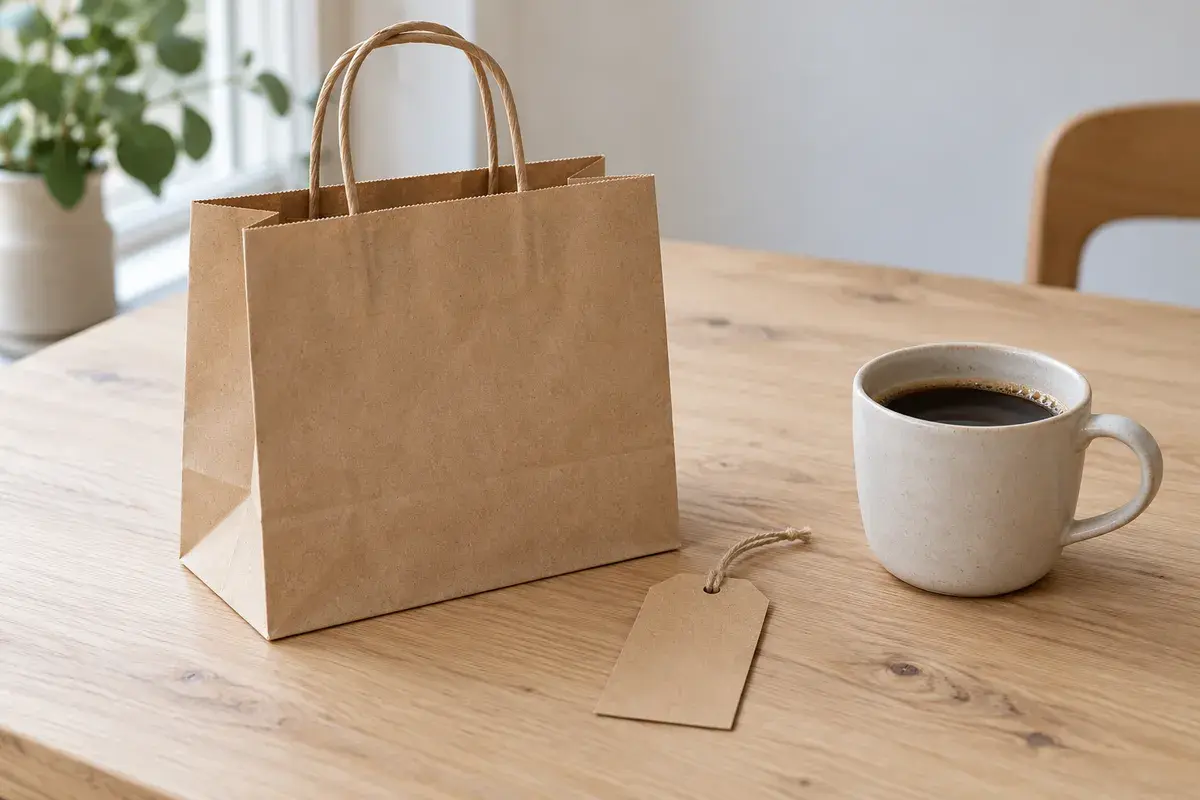 Papirpose, blank prislapp og en kaffekopp på et lyst trebord.