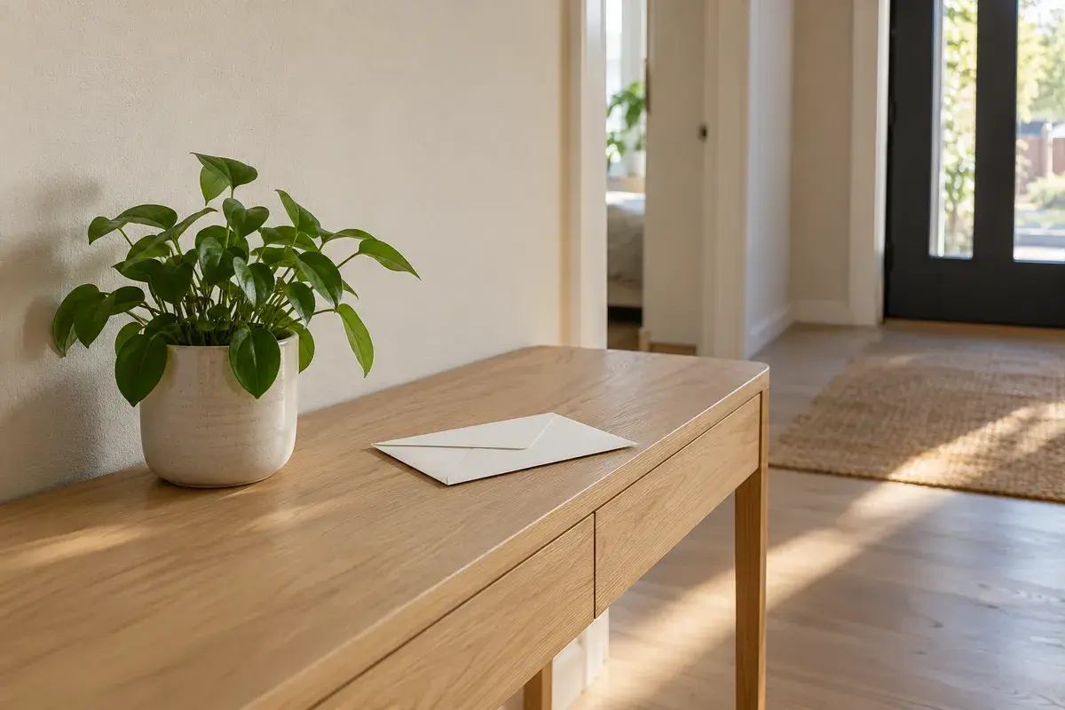 Konvolutt og en grønn plante på et lyst konsollbord i en gang.