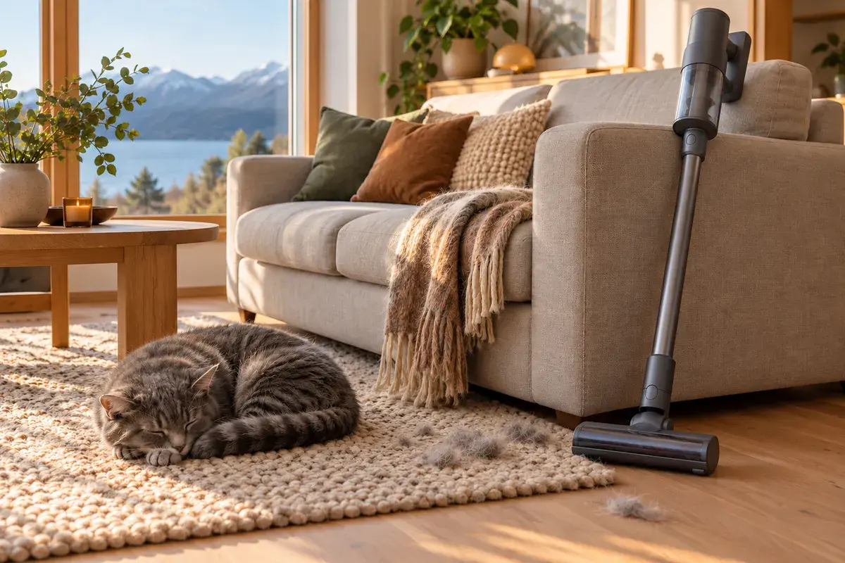 Grå katt som sover på et ullteppe, med dyrehår på teppet og en skaftstøvsuger lent mot sofaen.